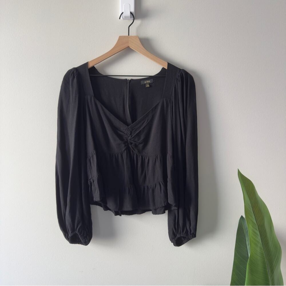 AFRM Revolve Black Babydoll Top Long Sleeve Zip Up Zipper Sweetheart Neckline M - Picture 2 of 10